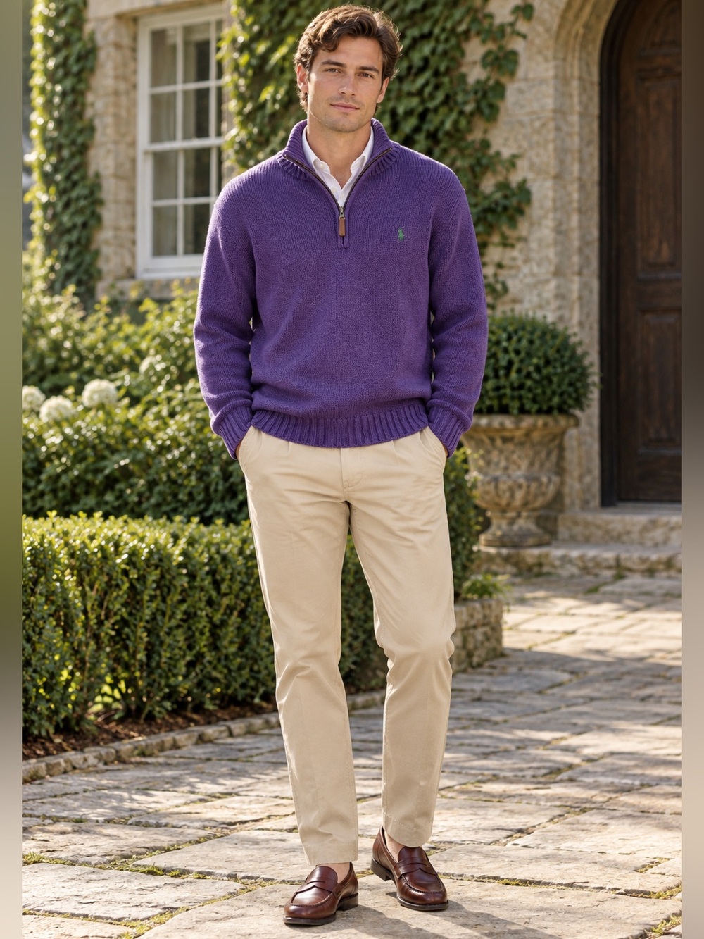 Polo Ralph Lauren Mens M Purple Quarter Zip Sweater Preppy Classic Fisherman